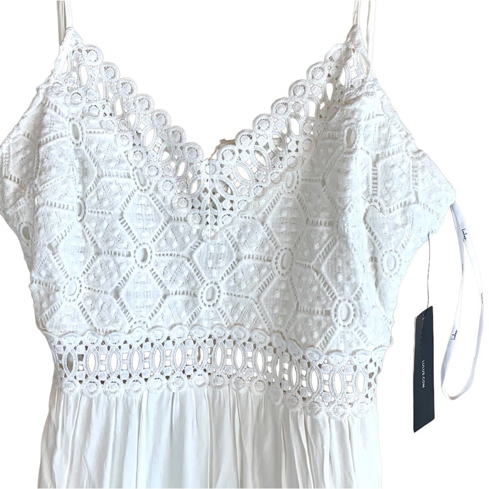 Lulu’s Sleeveless Backless Lace Cutout Maxi Dress White Rayon Boho Bridal - Picture 5 of 14